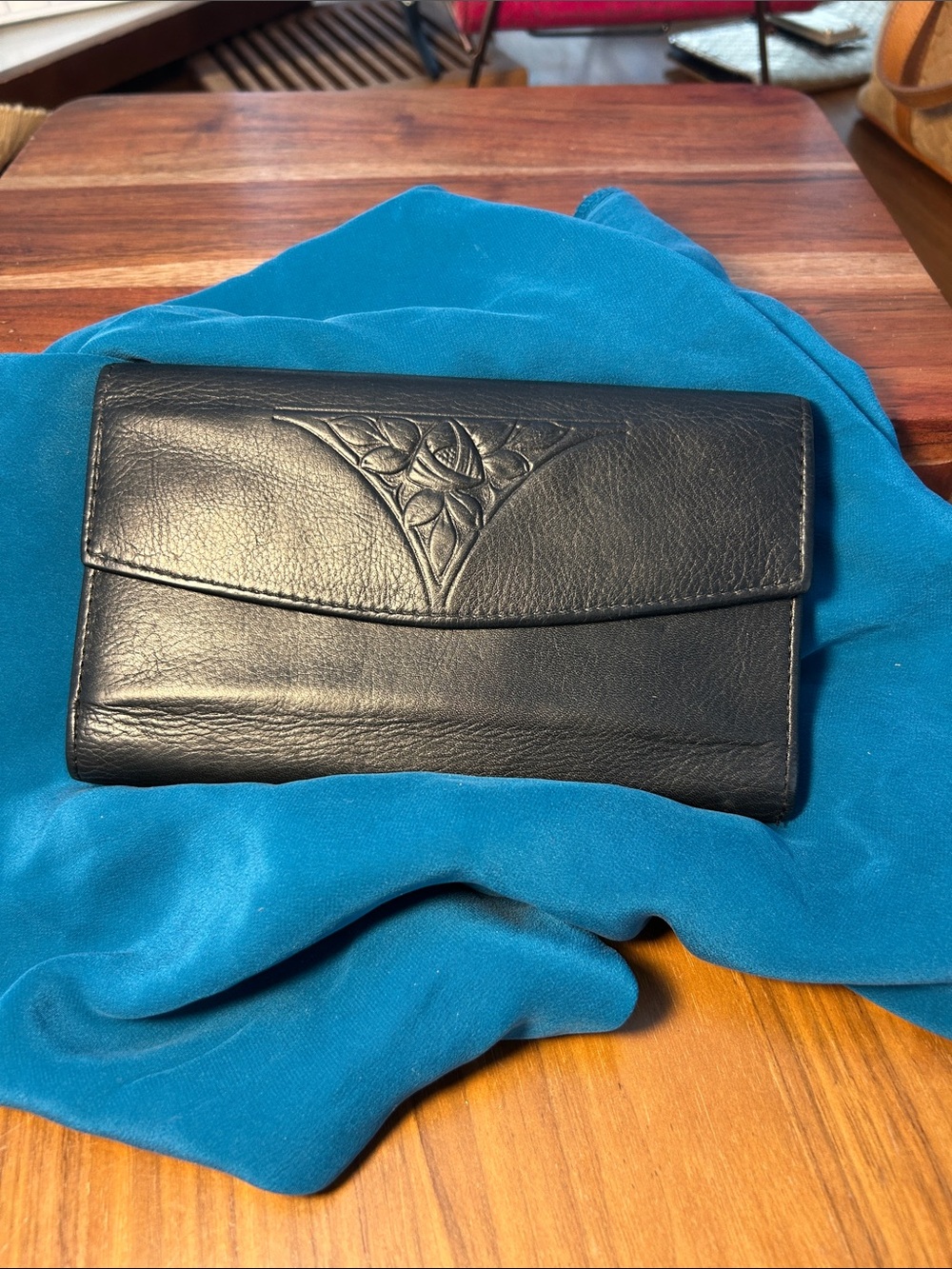 Navy Leather Wallet Embossed Floral Design